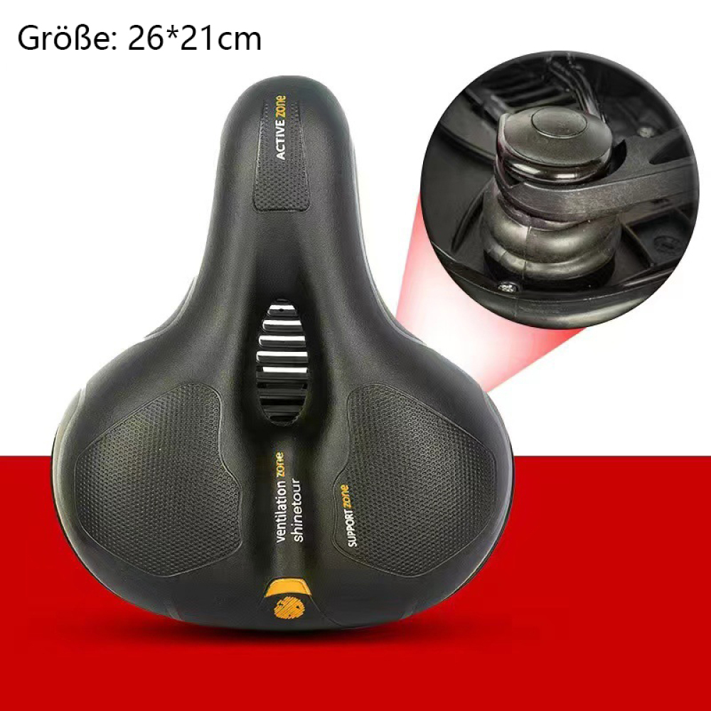 Schwarzer Fahrradsattel mit Nahaufnahme der Feder und der Belüftungszone.