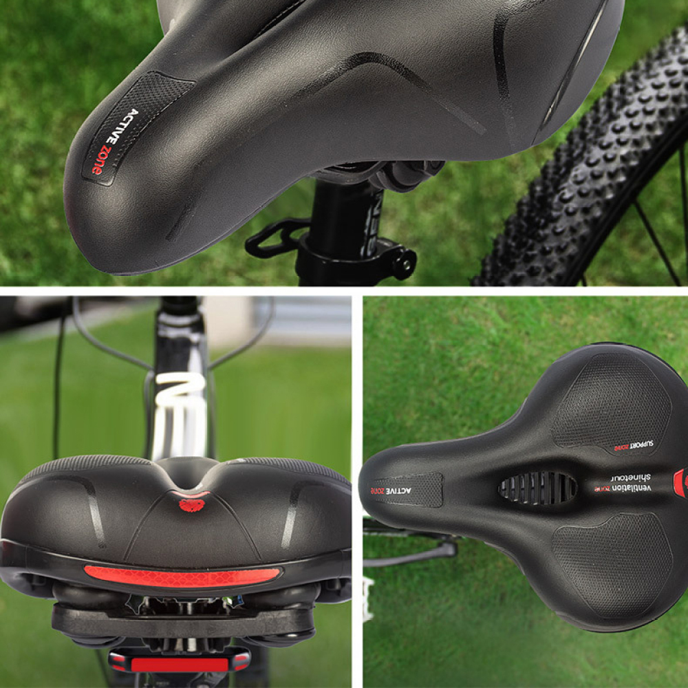 Schwarzer Fahrradsattel. Drei Ansichten: oben, unten und montiert. Rotes Licht am unteren Sattel.