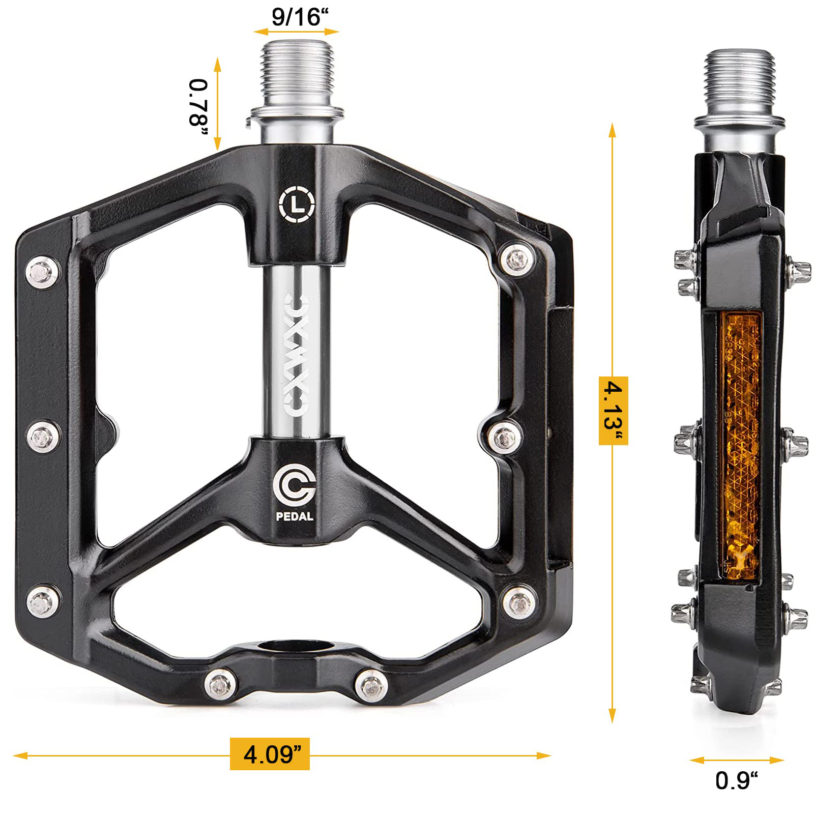 Schwarzes Fahrradpedal. Abmessungen des Pedals werden in Zoll und Millimetern angezeigt.