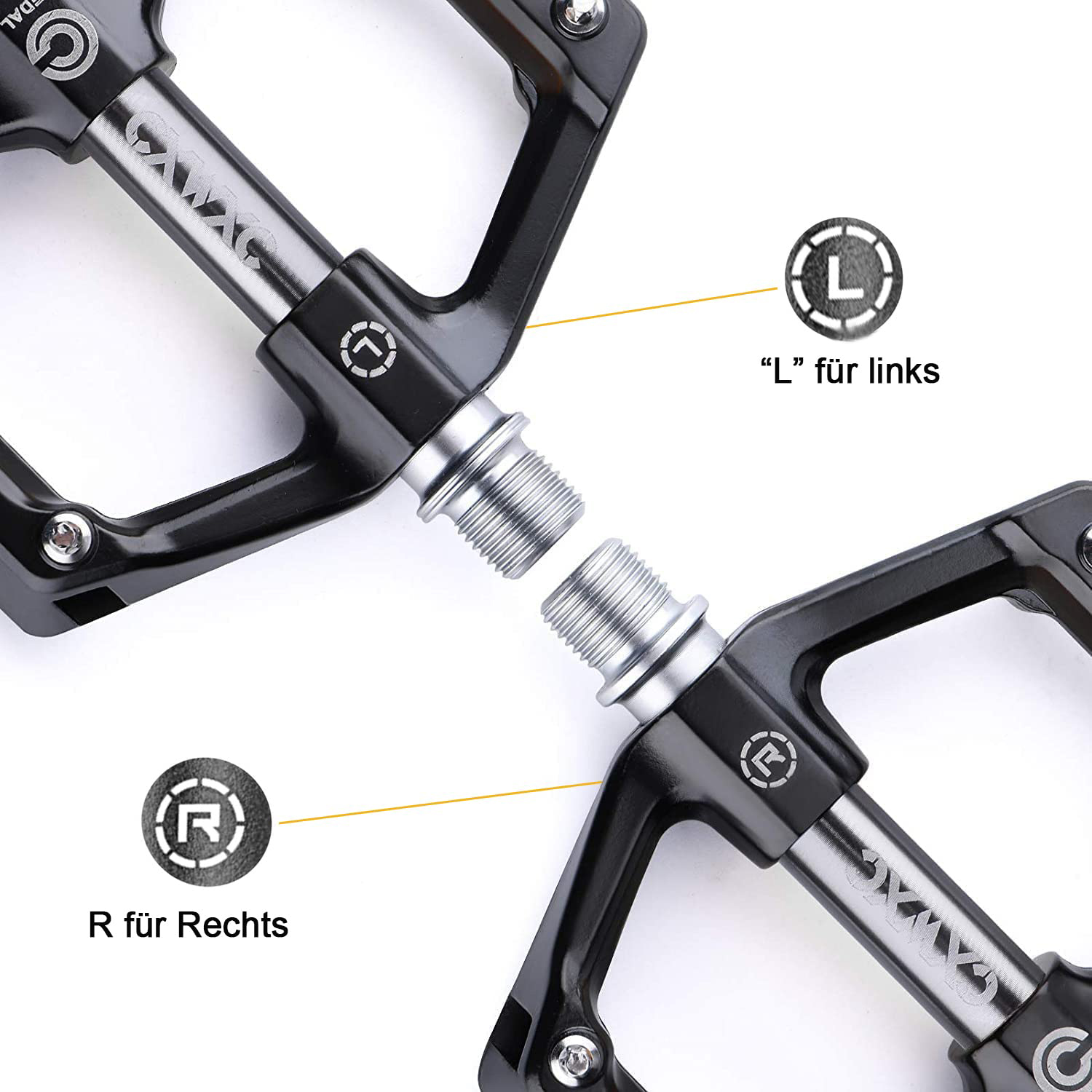 Zwei Fahrradpedale, eines mit 'L' für links, das andere 'R' für rechts, mit Schrauben.