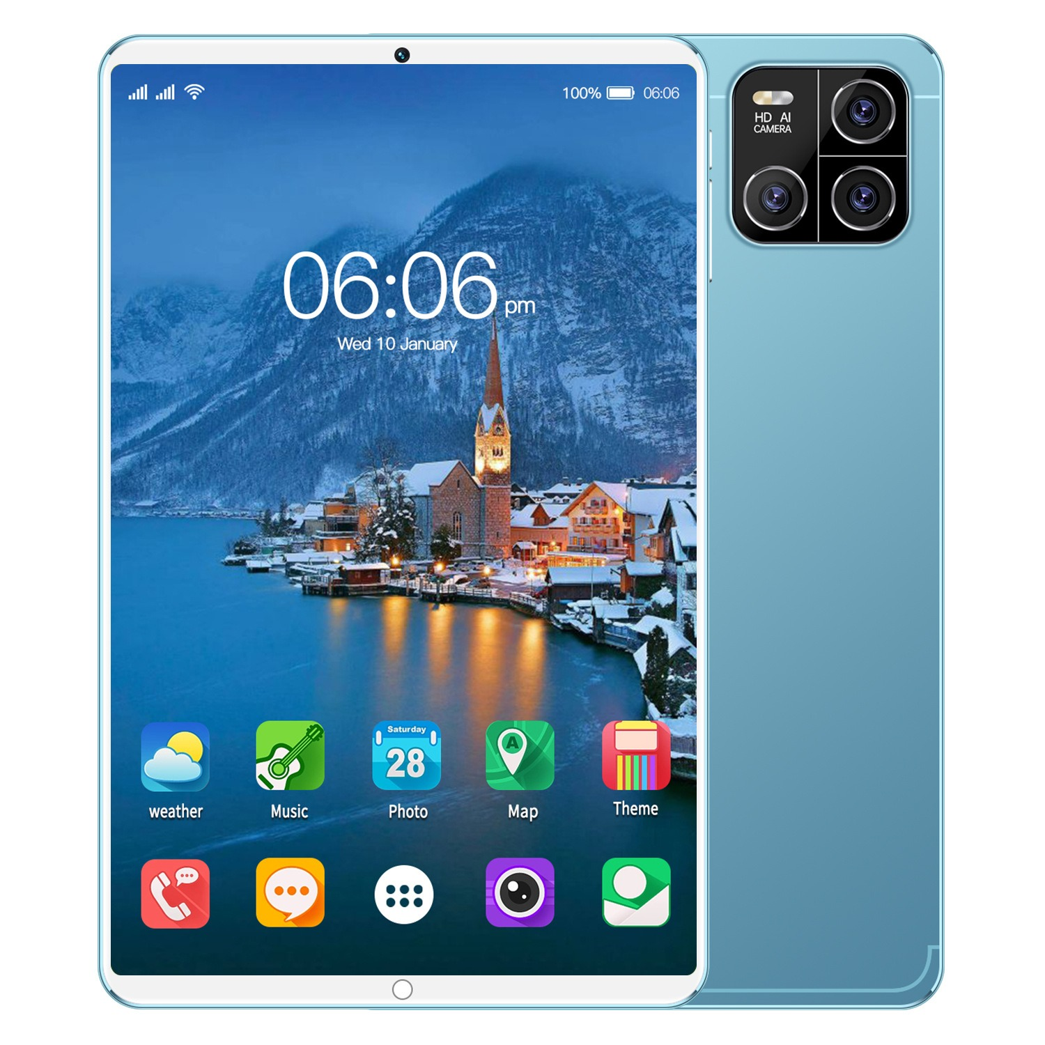Blaues Tablet zeigt eine Landschaft mit Stadt.