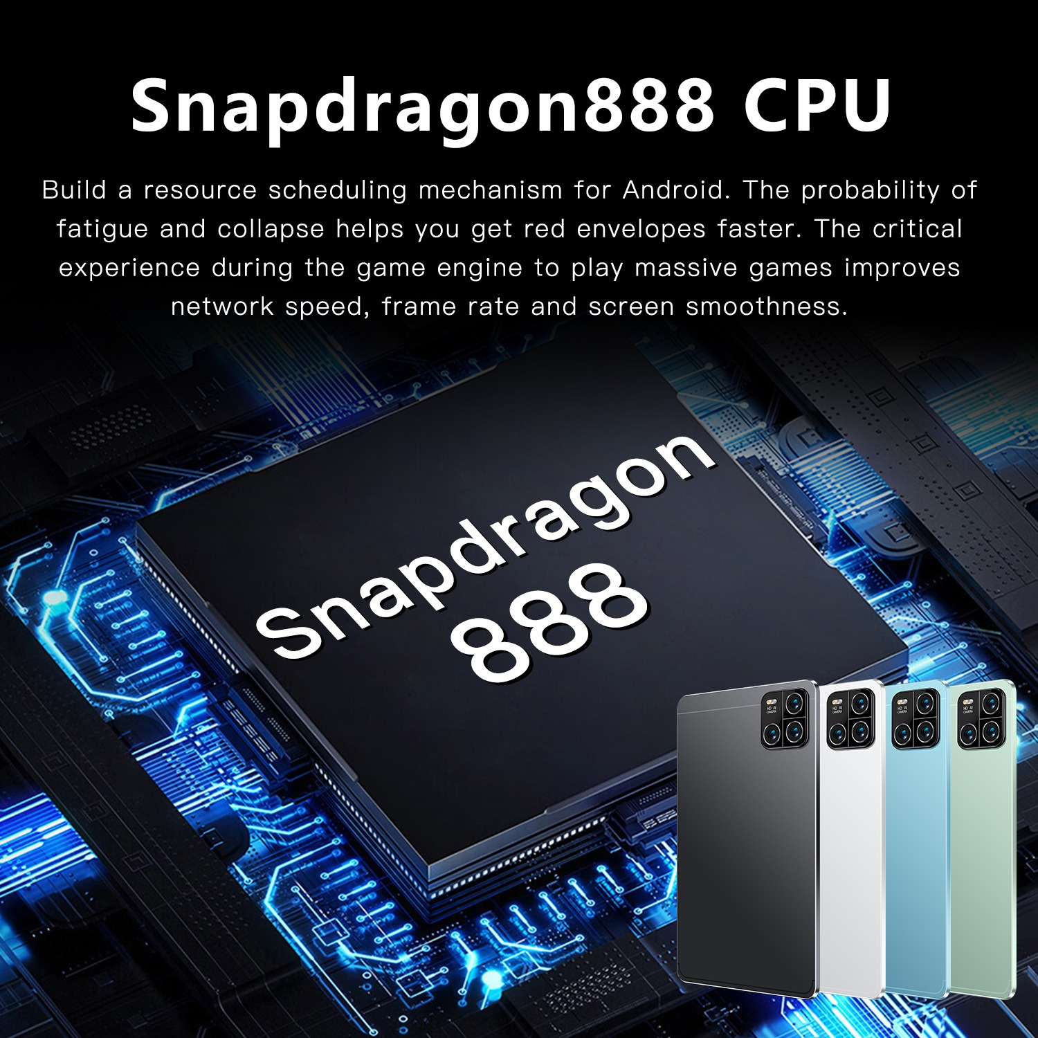 Bild mit der Snapdragon 888 CPU und mehreren Telefonen in verschiedenen Farben.