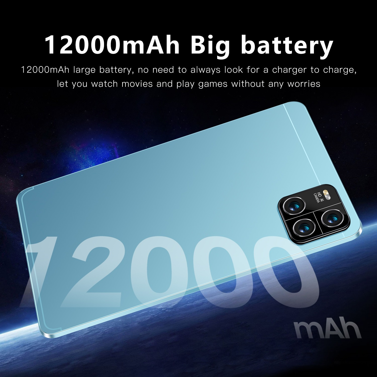 Ein hellblaues Tablet mit Kamera. Text weist auf eine Akkukapazität von 12000 mAh hin.