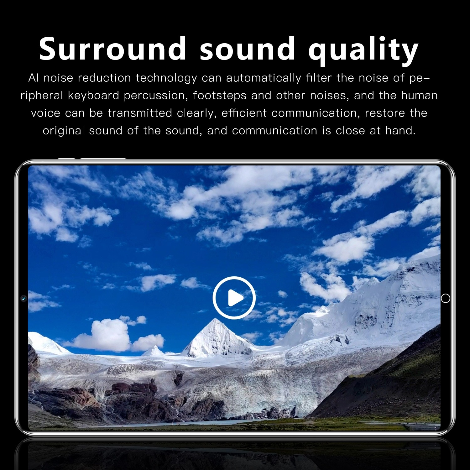 Tablet, das ein Video eines Bergmassivs zeigt. Text sagt: "Surround Sound Qualität".