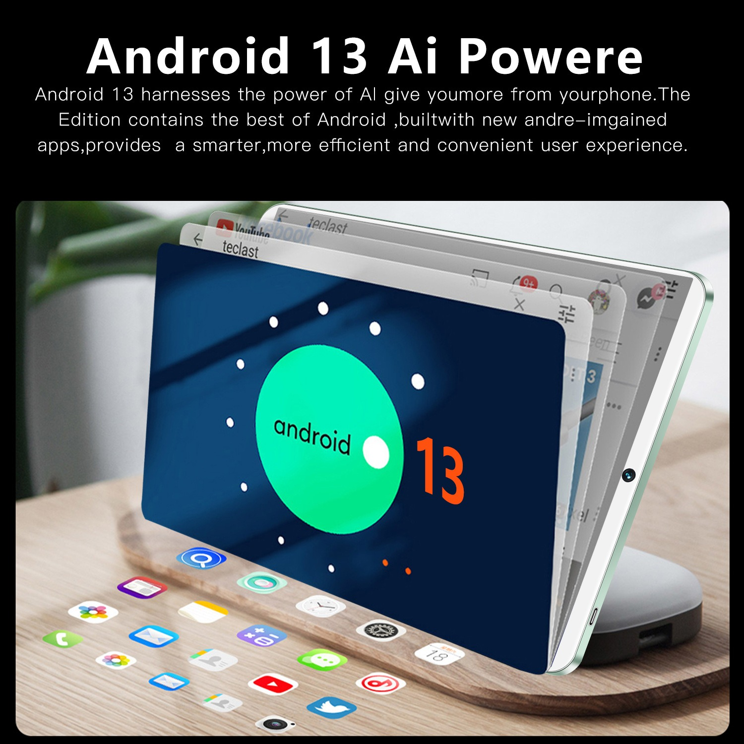 Android 13 auf einem Tablet. Mehrere App-Symbole schweben um den Tablet-Bildschirm.
