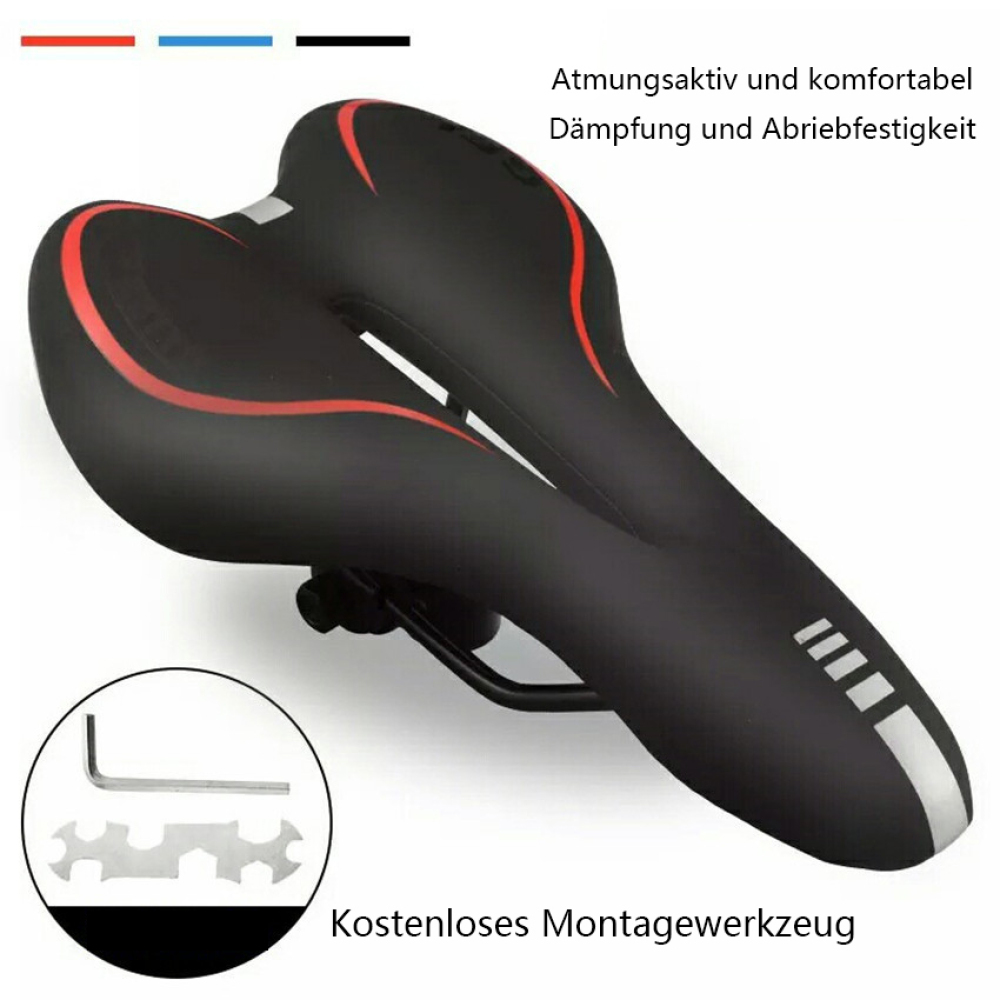 Schwarzer Fahrradsattel mit roten Details und einem Werkzeugsatz. Er liegt auf einer weißen Oberfläche.