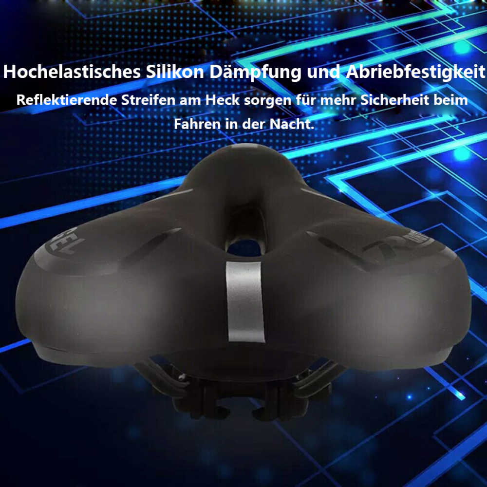 Schwarzer Fahrradsattel mit reflektierendem Streifen. Der Sattel hat eine geschwungene Form. Der Hintergrund ist unscharf.