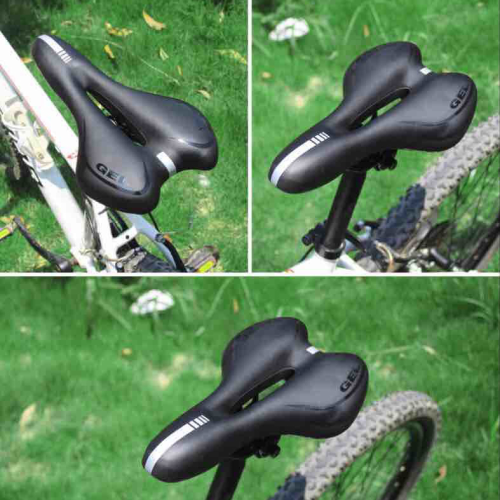 Drei schwarze Fahrradsättel mit Gel- und weißen Streifendetails.