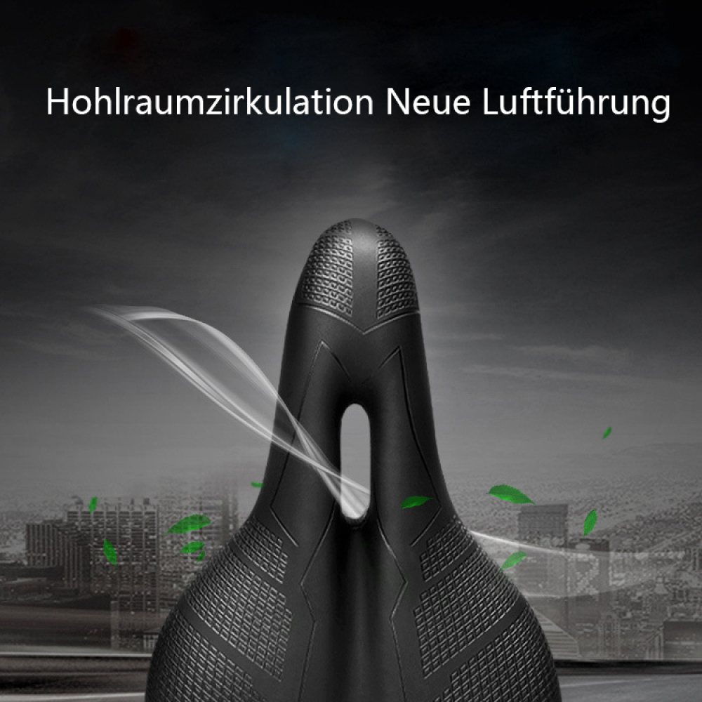 Schwarzer Fahrradsattel mit strukturierter Oberseite und Design für verbesserte Luftzirkulation.