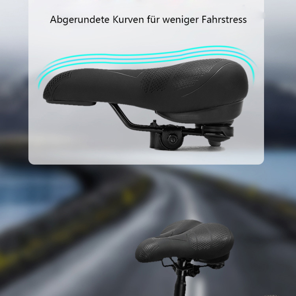 Schwarzer Fahrradsitz mit geschwungenem Design. Im Hintergrund eine verschwommene Straße.