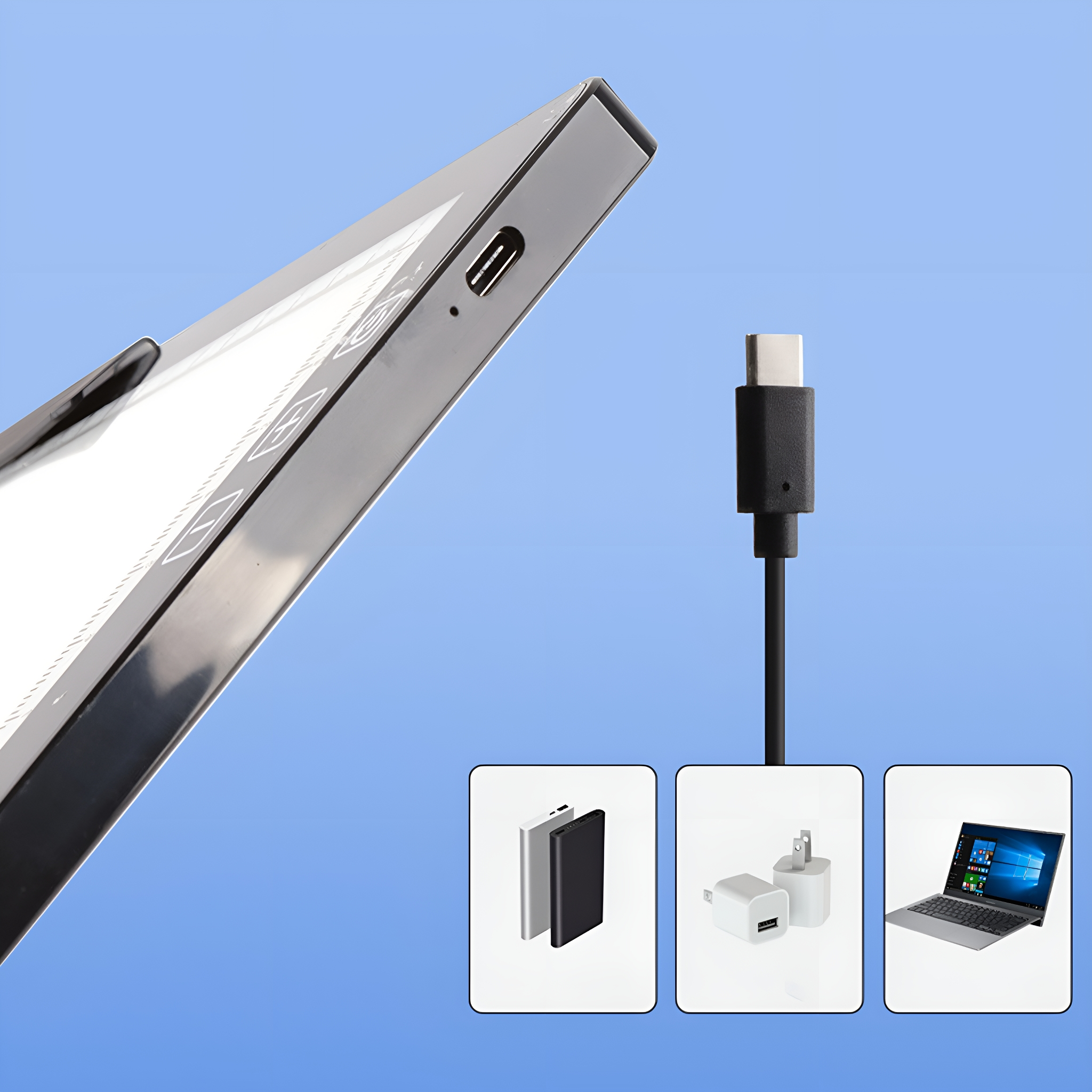 Ein Tablet mit Ladeanschluss und ein Laptop mit Ladegerät. Das Tablet ist über USB-C verbunden. Es gibt auch Zubehör.