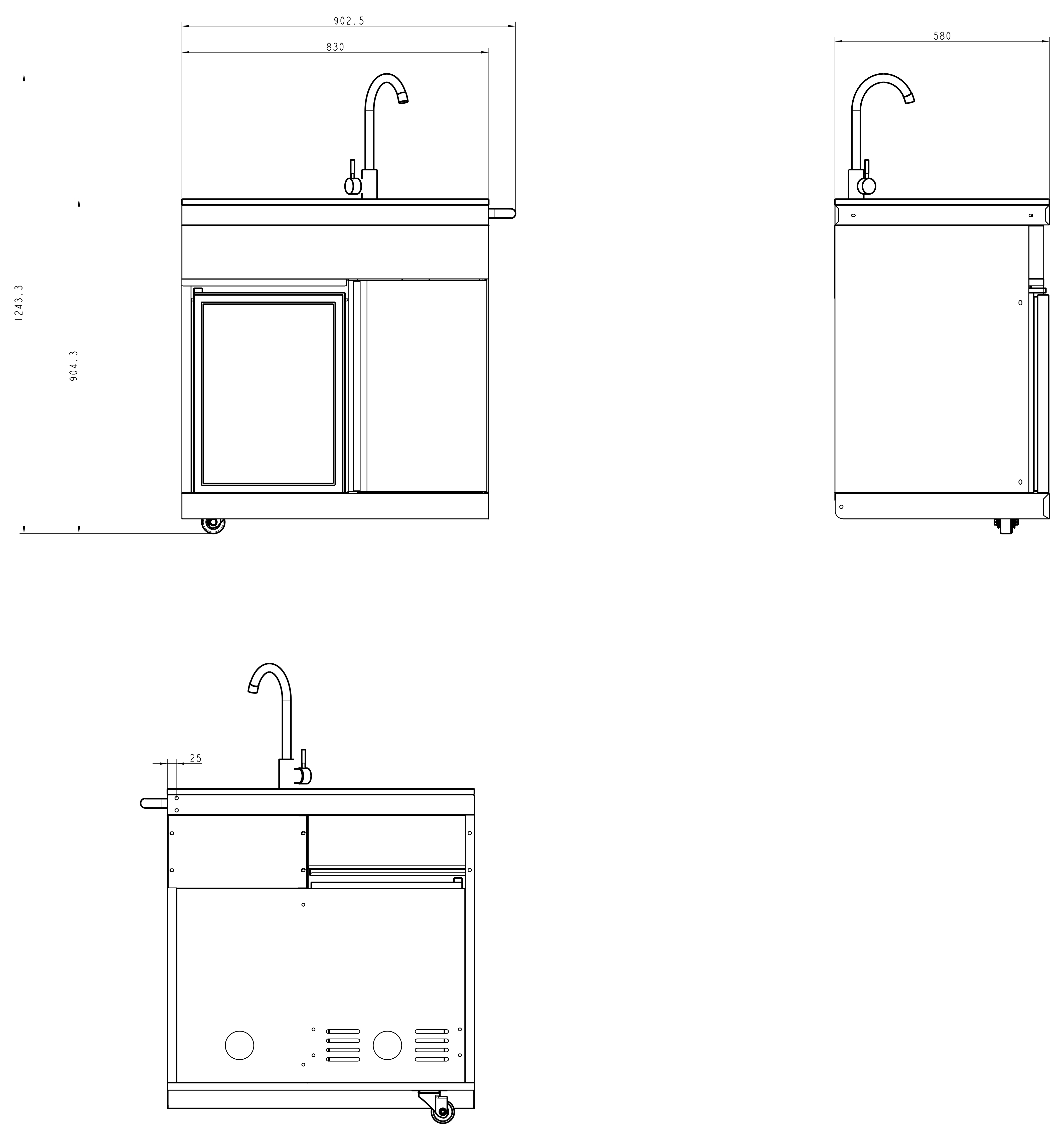 Strichzeichnungen einer Außenkücheneinheit, einschließlich Spüle, Schrank und Wasserhahn.