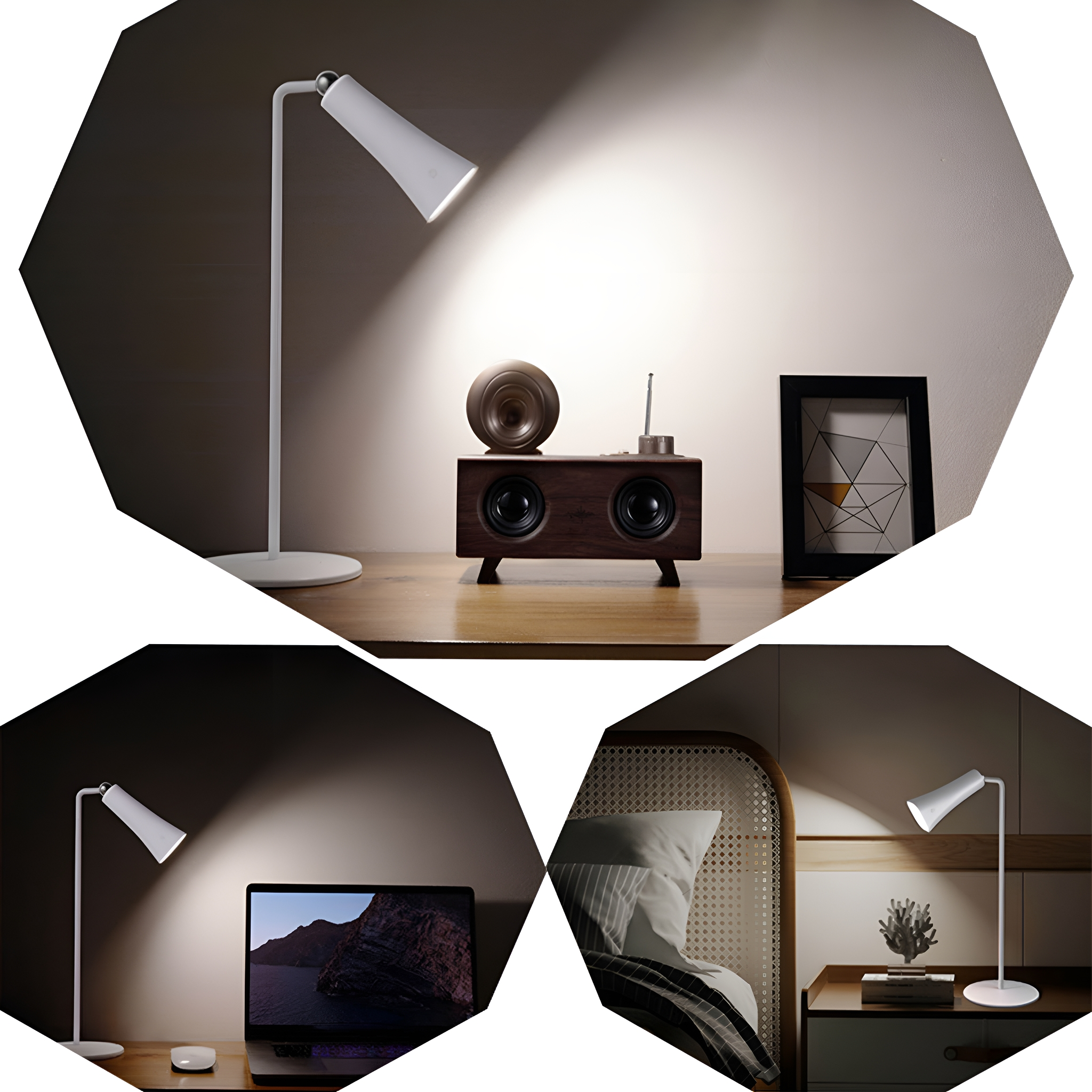 Mehrere Bilder zeigen eine weiße Schreibtischlampe. Die Lampe steht auf einem Schreibtisch mit Lautsprecher und Laptop.