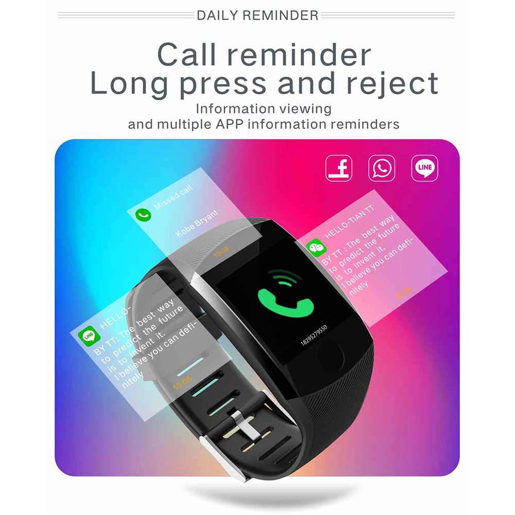 Smartwatch-Bildschirm mit Anrufen und Nachrichten. Verschwommener Hintergrund mit Social-Media-Symbolen, lila und rosa.