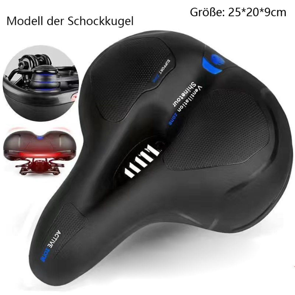Schwarzer Fahrradsattel mit Stoßdämpfer- und Belüftungszonen-Details. Weißer Hintergrund.