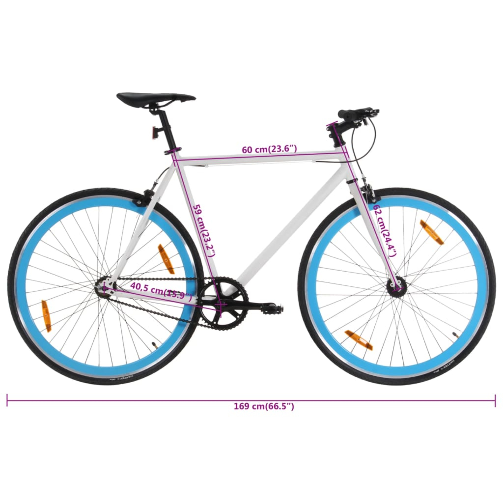 Weißes Fahrrad mit blauen Rädern. Es hat einen schwarzen Sattel, Rahmen und Lenker. Die Abmessungen sind in Lila angegeben.