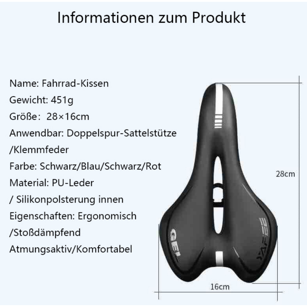 Schwarzer Fahrradsattel mit weißem Streifen, Abmessungen und Informationstext auf Deutsch.