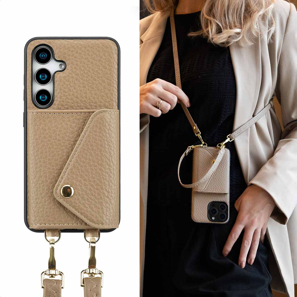 Een telefoonhoesje met een riem. De hoes is beige met een zak en gouden hardware.