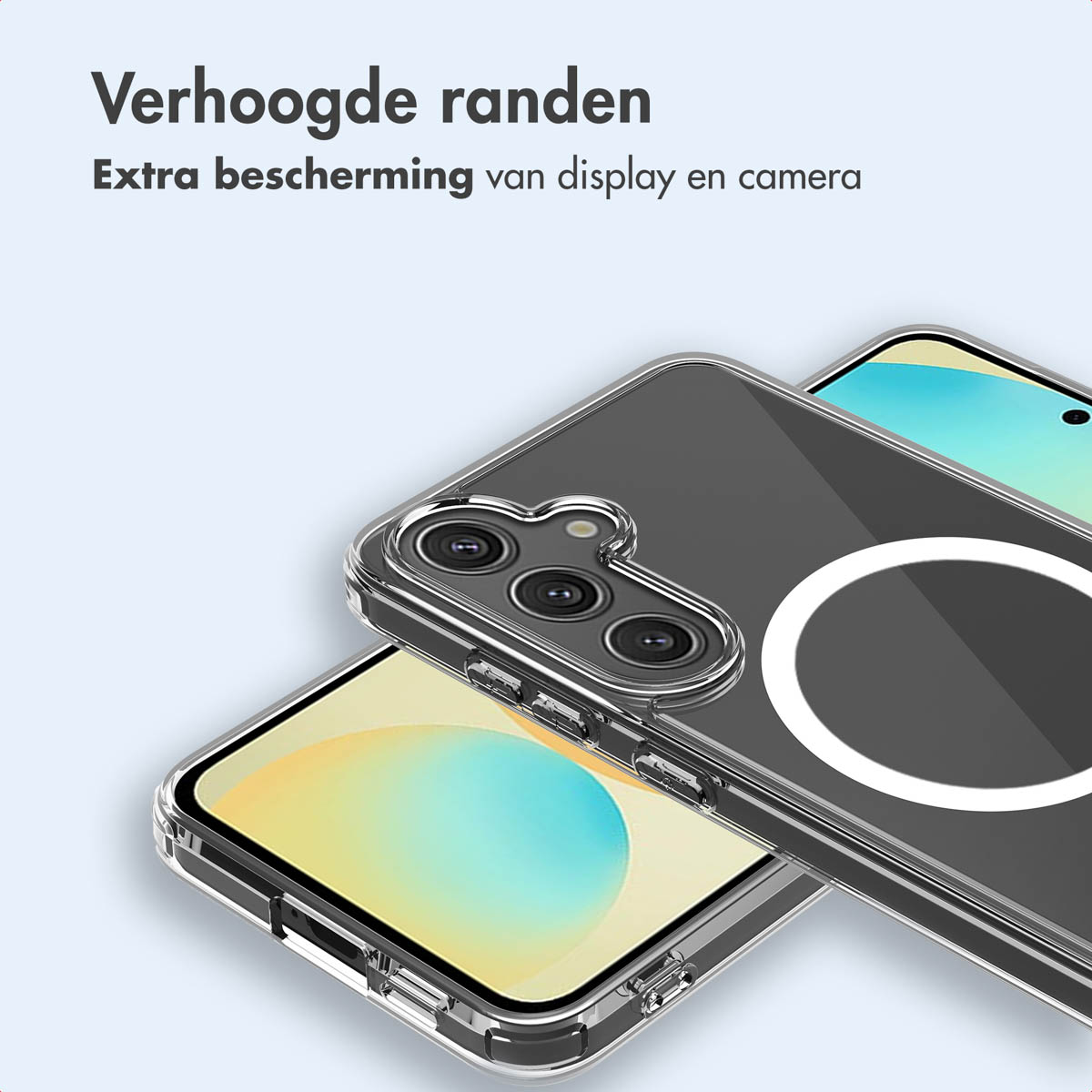 Telefoni in custodie trasparenti, che mostrano la fotocamera e il display, su sfondo azzurro.