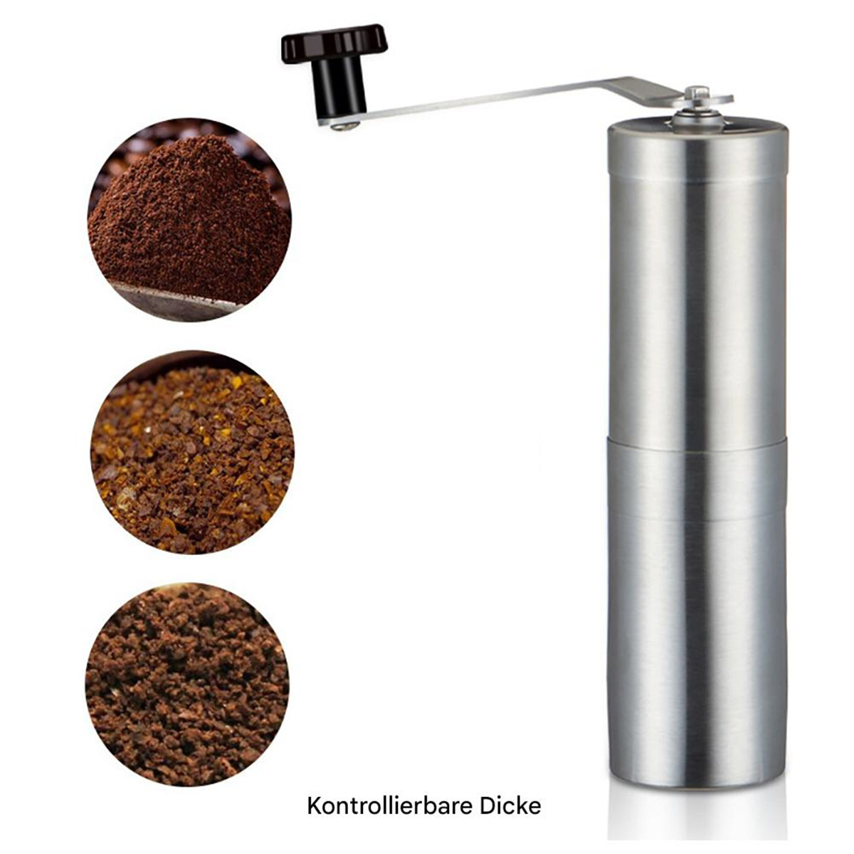 Kaffeemühle mit drei Haufen Kaffeepulver, jeweils mit unterschiedlichen Texturen.