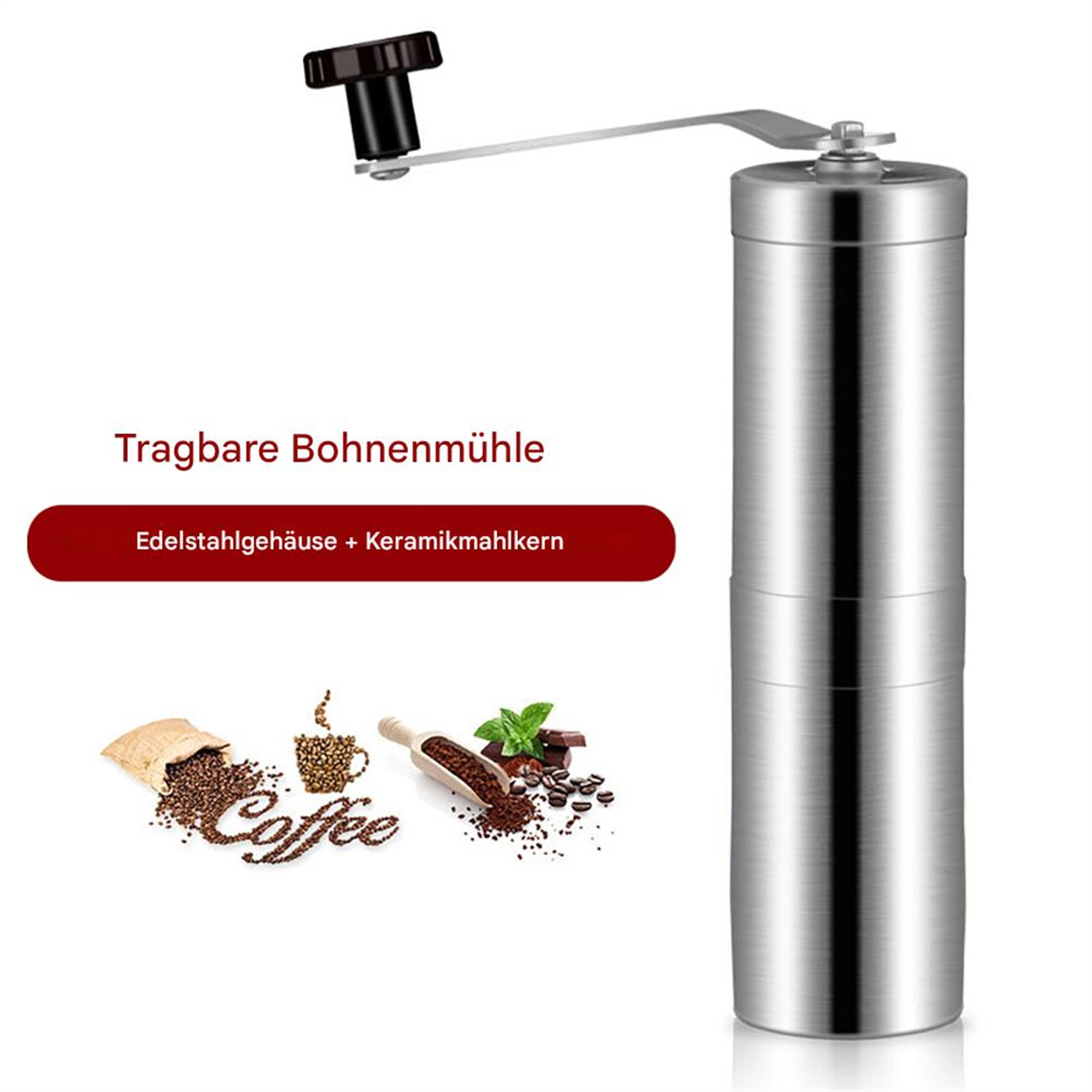 Eine Kaffeebohnenmühle aus Edelstahl mit schwarzem Griff und einer kleinen Kaffeeillustration.