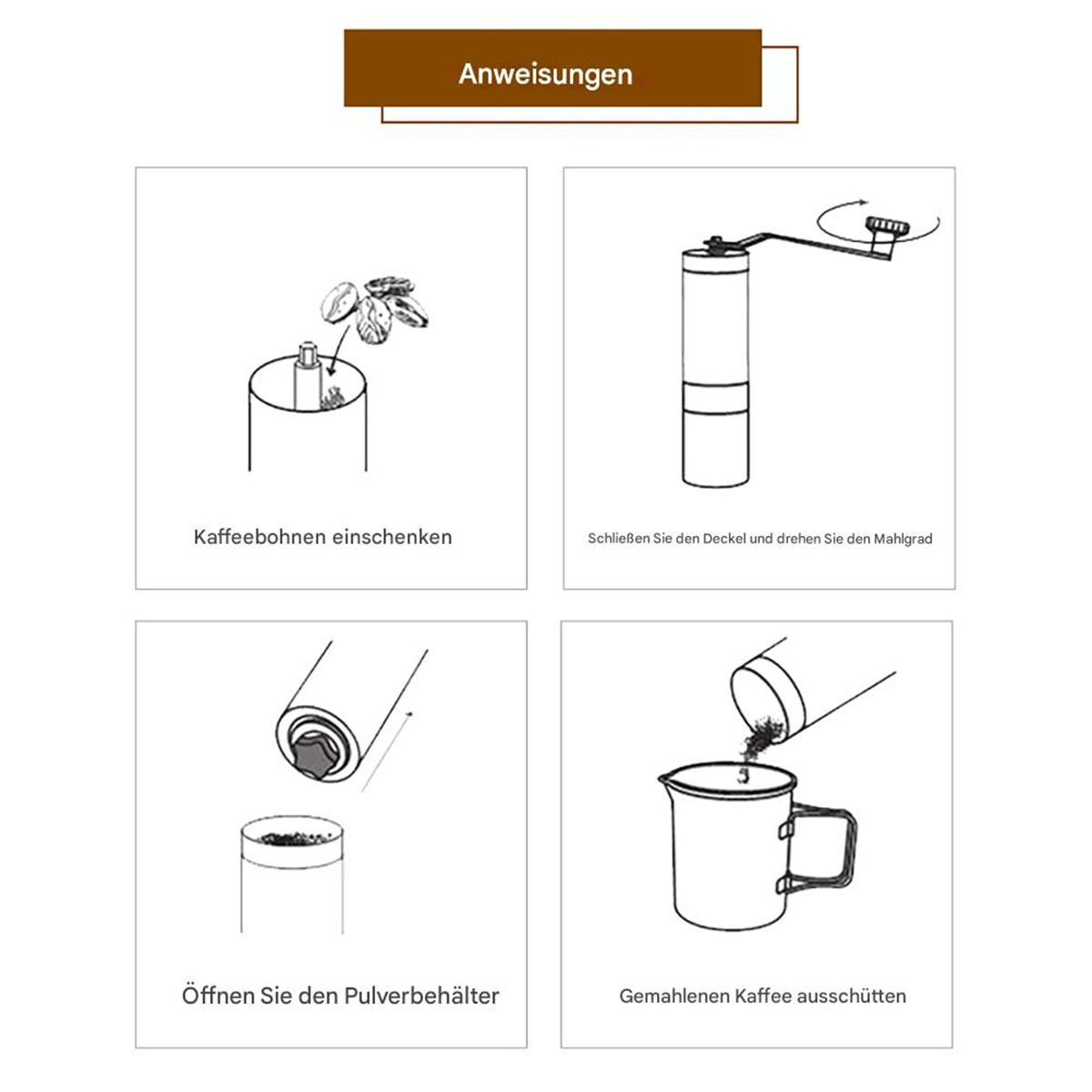 Anweisungen zur Verwendung einer Kaffeemühle. Zeigt vier Schritte: Bohnen hinzufügen, mahlen, öffnen und gießen.