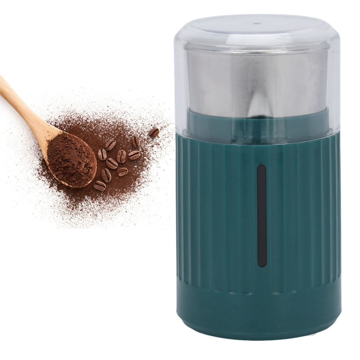 Eine Kaffeemühle mit einem Holzlöffel Kaffeepulver und Kaffeebohnen daneben.