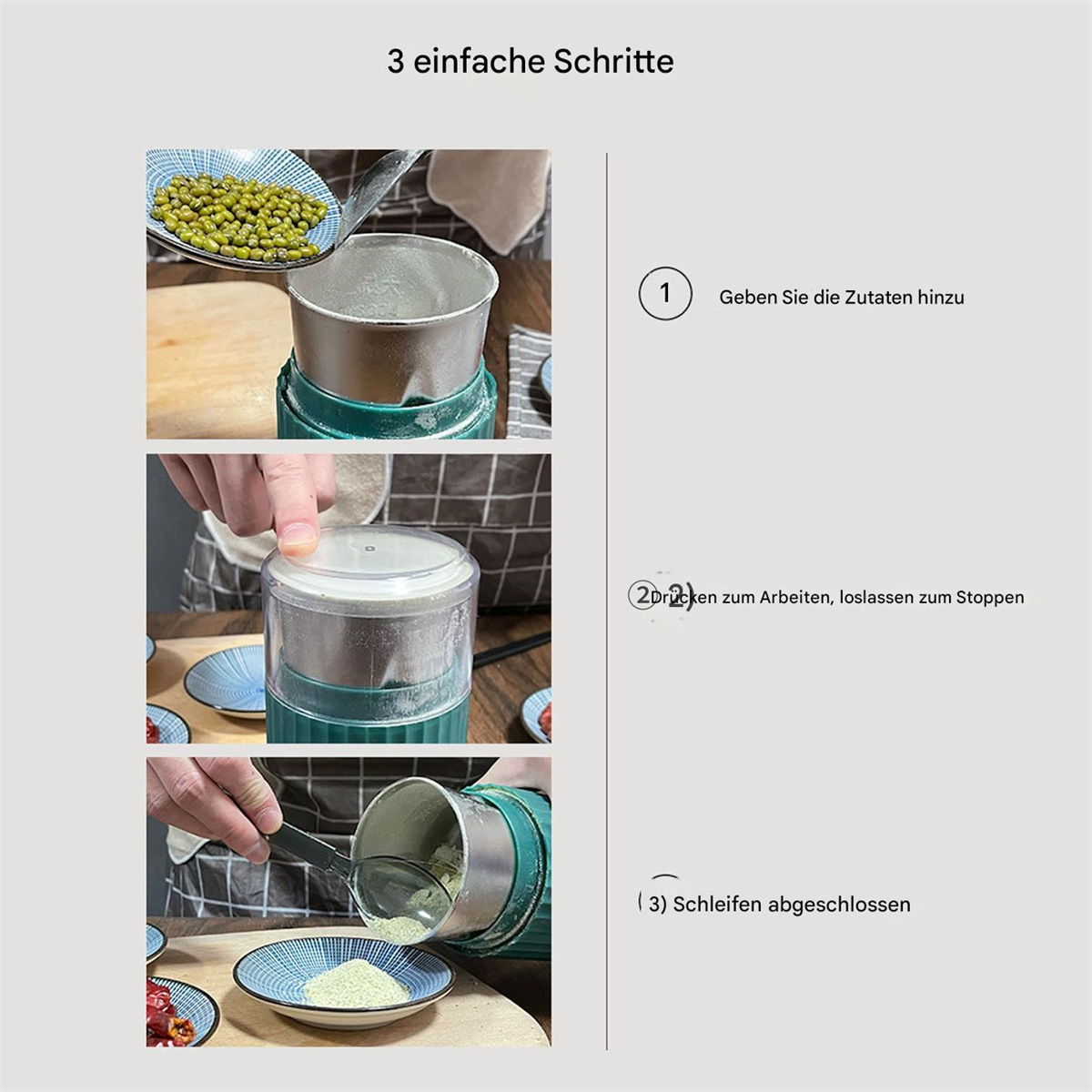 Eine dreistufige Anleitung zum Mahlen von Zutaten. Schalen, Zutaten und eine Mühle sind sichtbar.