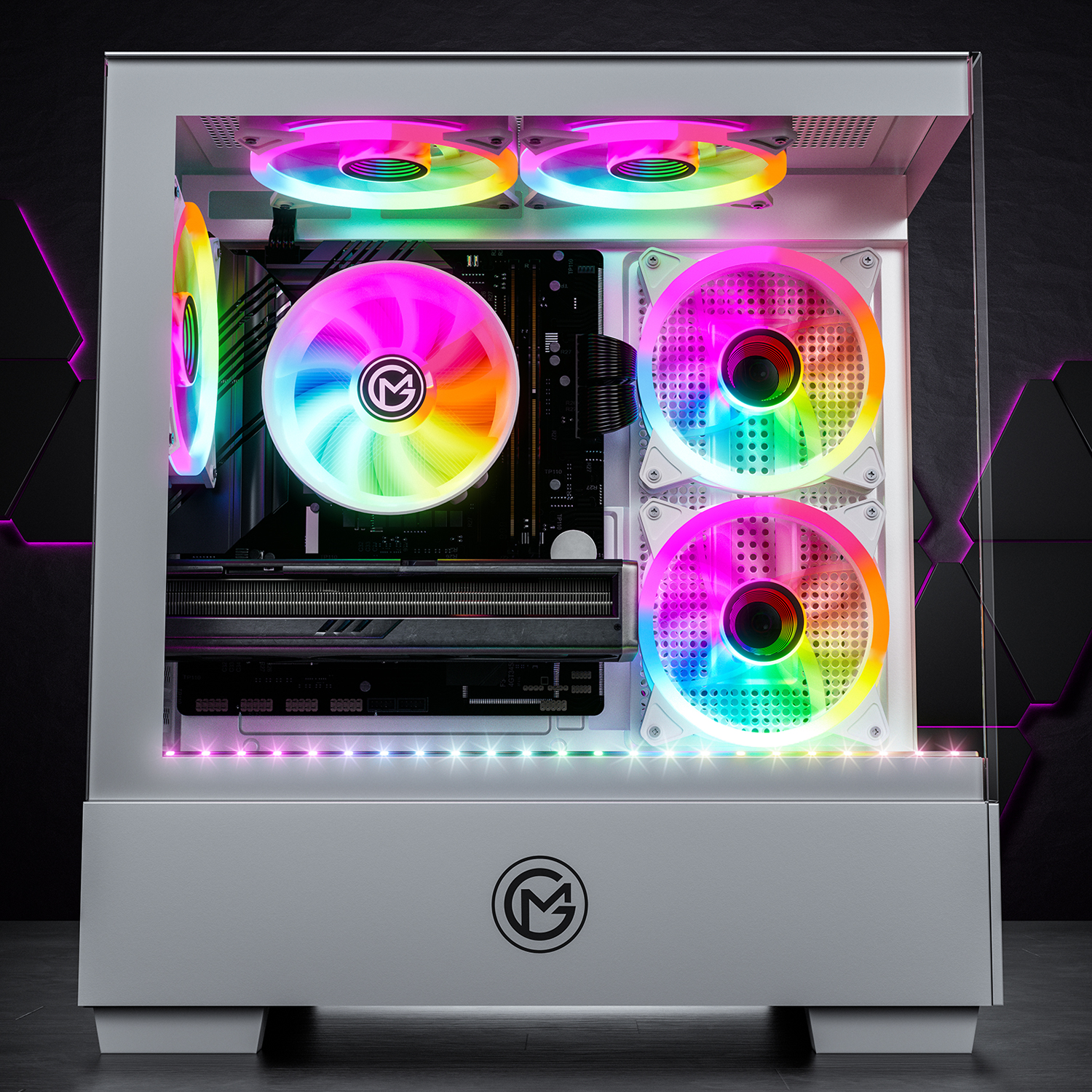 Ein weißes Computergehäuse mit bunten Lüftern. Das Gehäuse befindet sich auf einem dunklen Hintergrund.