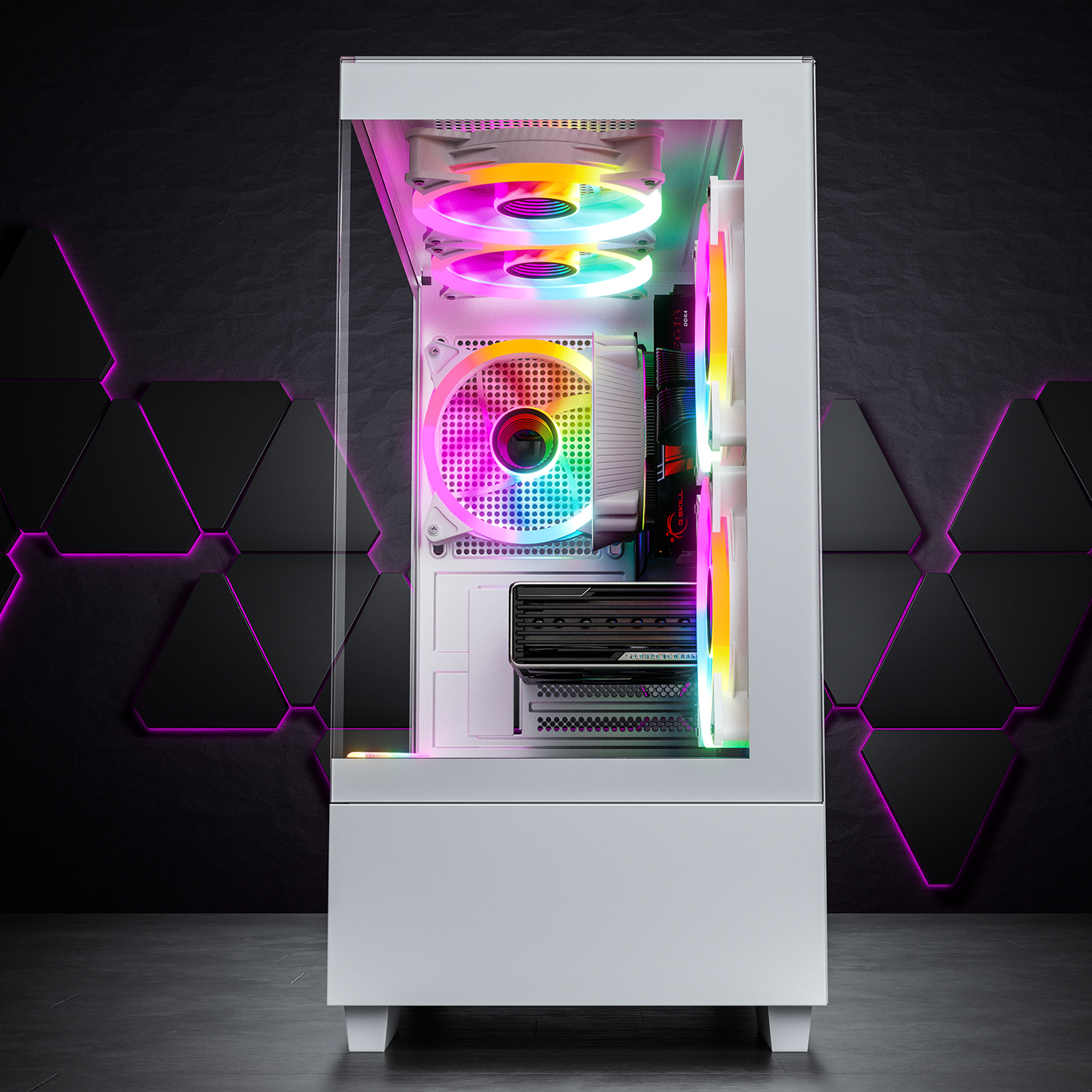 Ein weißes Computergehäuse mit einer Glasseite, das interne Komponenten mit RGB-Beleuchtung zeigt.