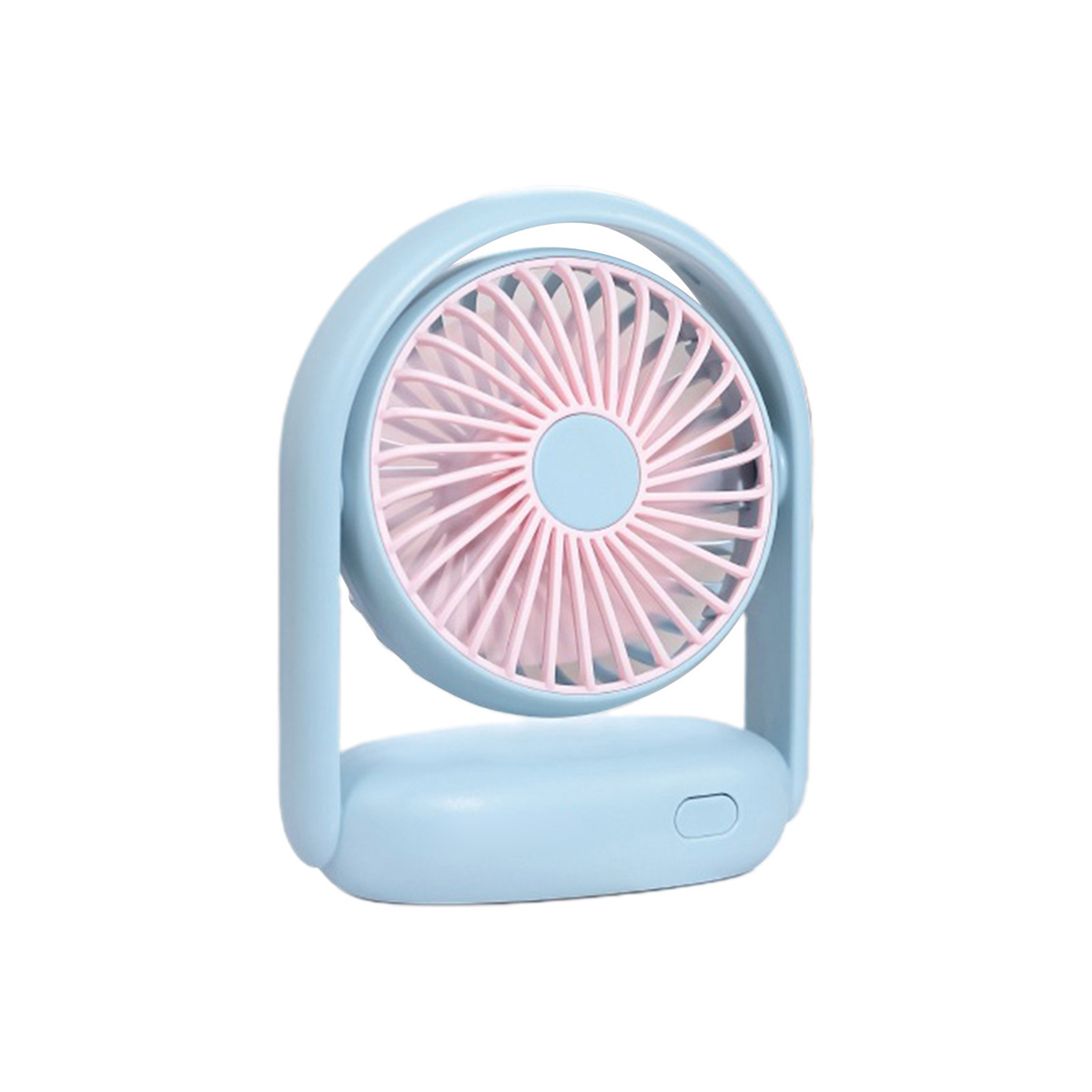 Blauer Mini-Ventilator mit rosa Flügeln, auf weißem Hintergrund.