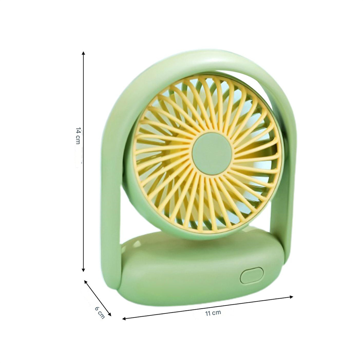 Grüner tragbarer Ventilator mit gelben Flügeln.