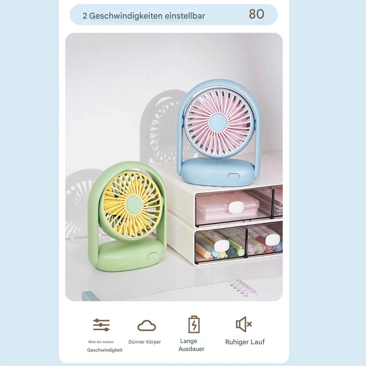 Zwei kleine blaue und grüne Ventilatoren auf weißer Oberfläche, mit Text und Icons.
