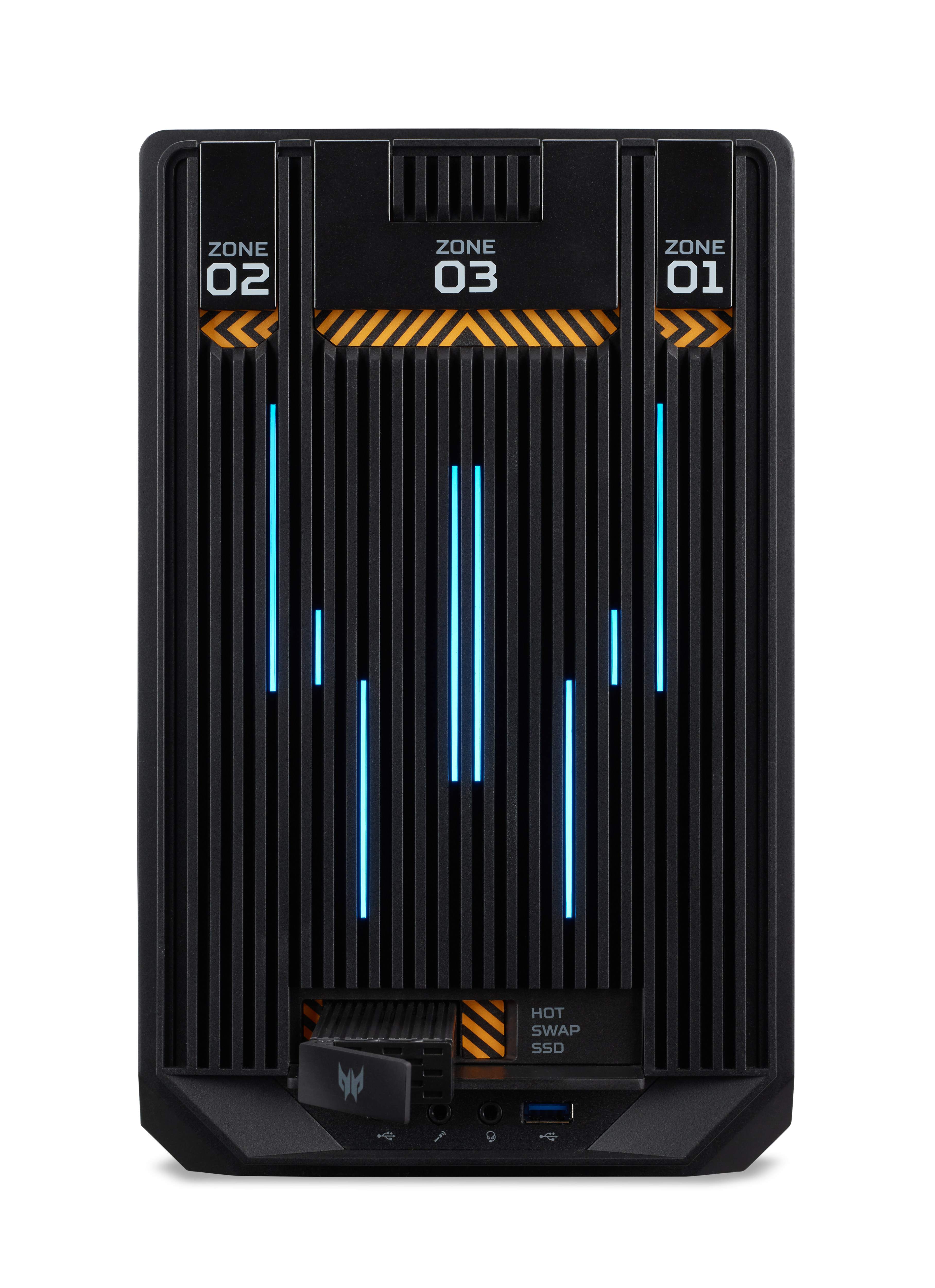 Ein schwarzes Computergehäuse mit blauen Lichtern. Die Vorderseite hat mehrere Zonen.