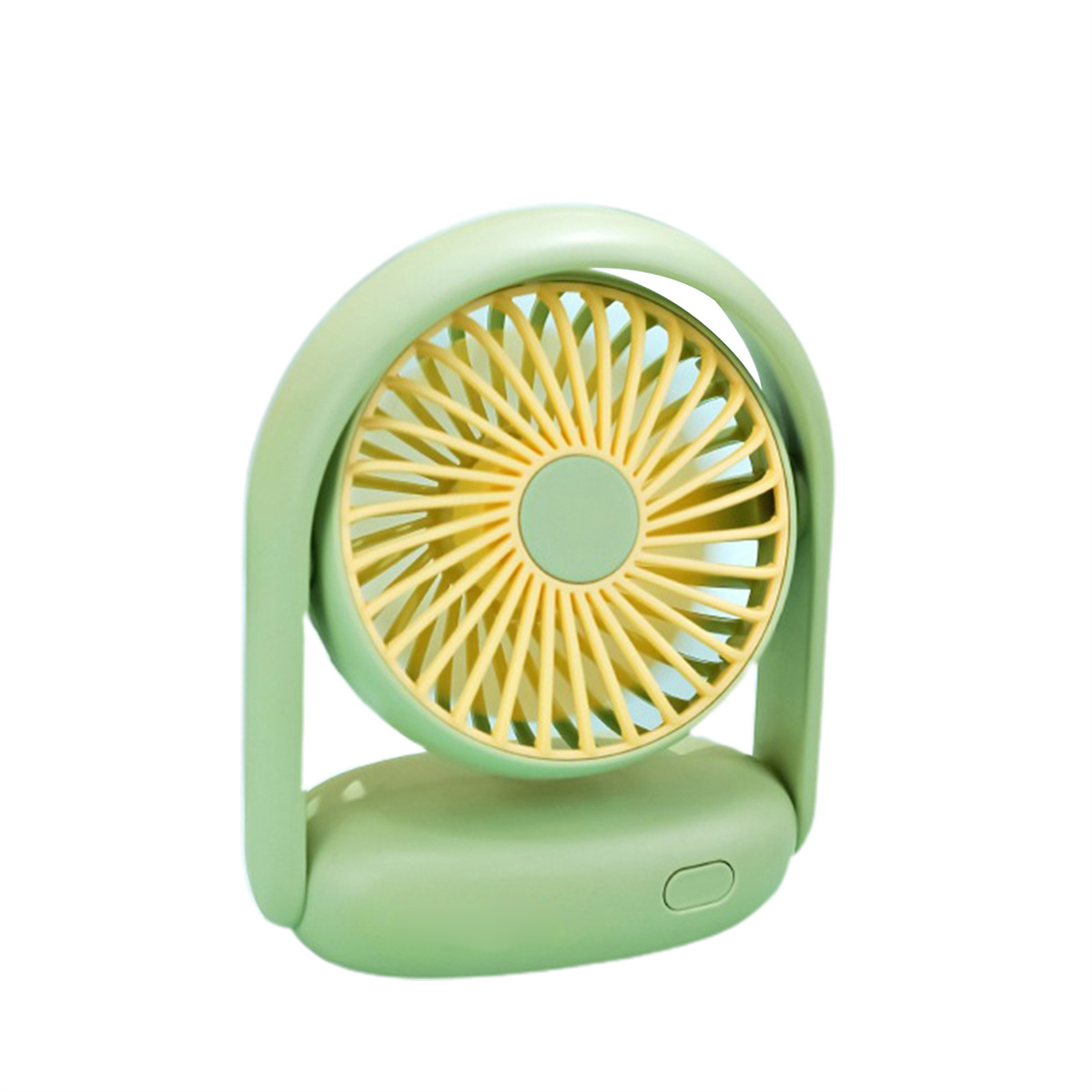 Ein grüner tragbarer Ventilator mit gelbem Lüfterrad.