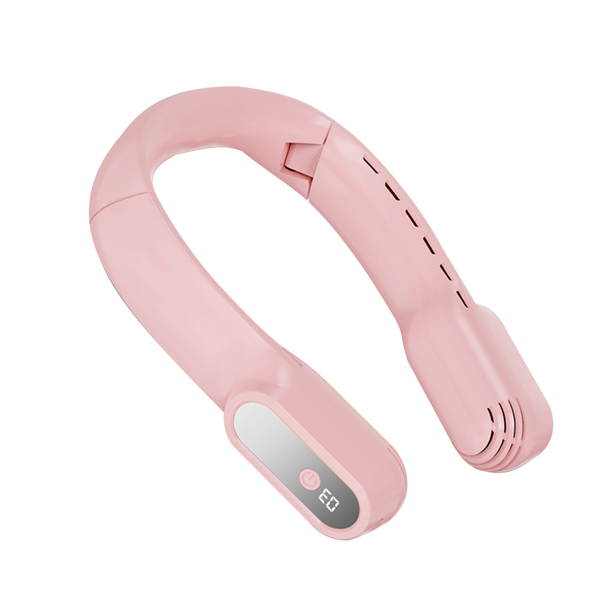 Ein rosa Nackenventilator, geschwungenes Design. Er hat ein kleines Display und Luftschlitze.