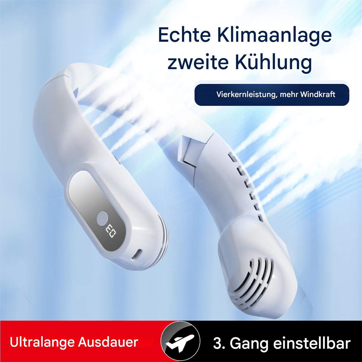 Ein weißer Nackenventilator mit geschwungenem Design. Text in Deutsch beschreibt Funktionen.