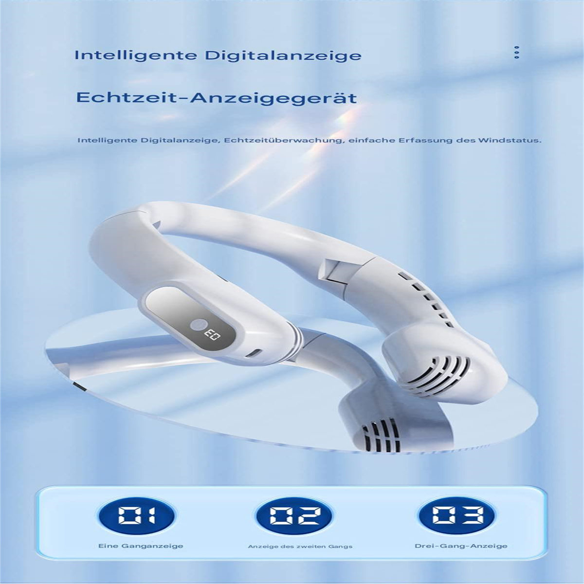 Weißer Nackenventilator mit Digitalanzeige und Steuertasten. Blauer Hintergrund mit Symbolen und Text.