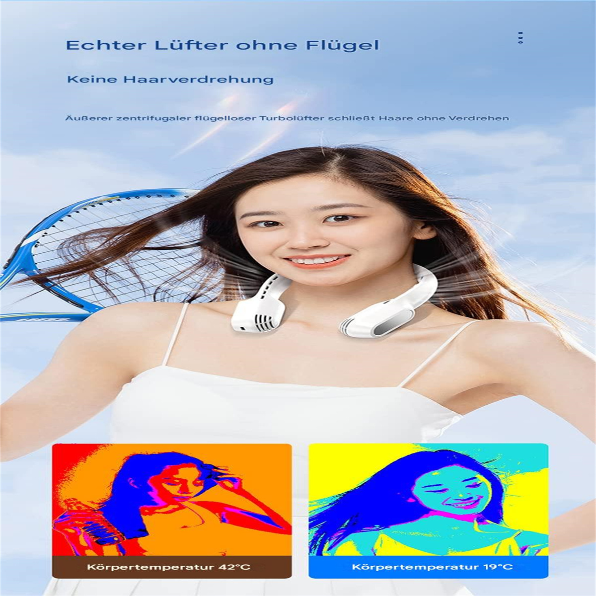 Eine Frau mit Nackenfächer und zwei Bildern mit Körpertemperaturen, vor blauem Himmel.