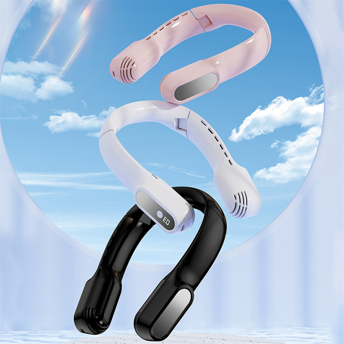 Halsventilatoren in Rosa, Weiß und Schwarz. Blauer Himmel im Hintergrund.