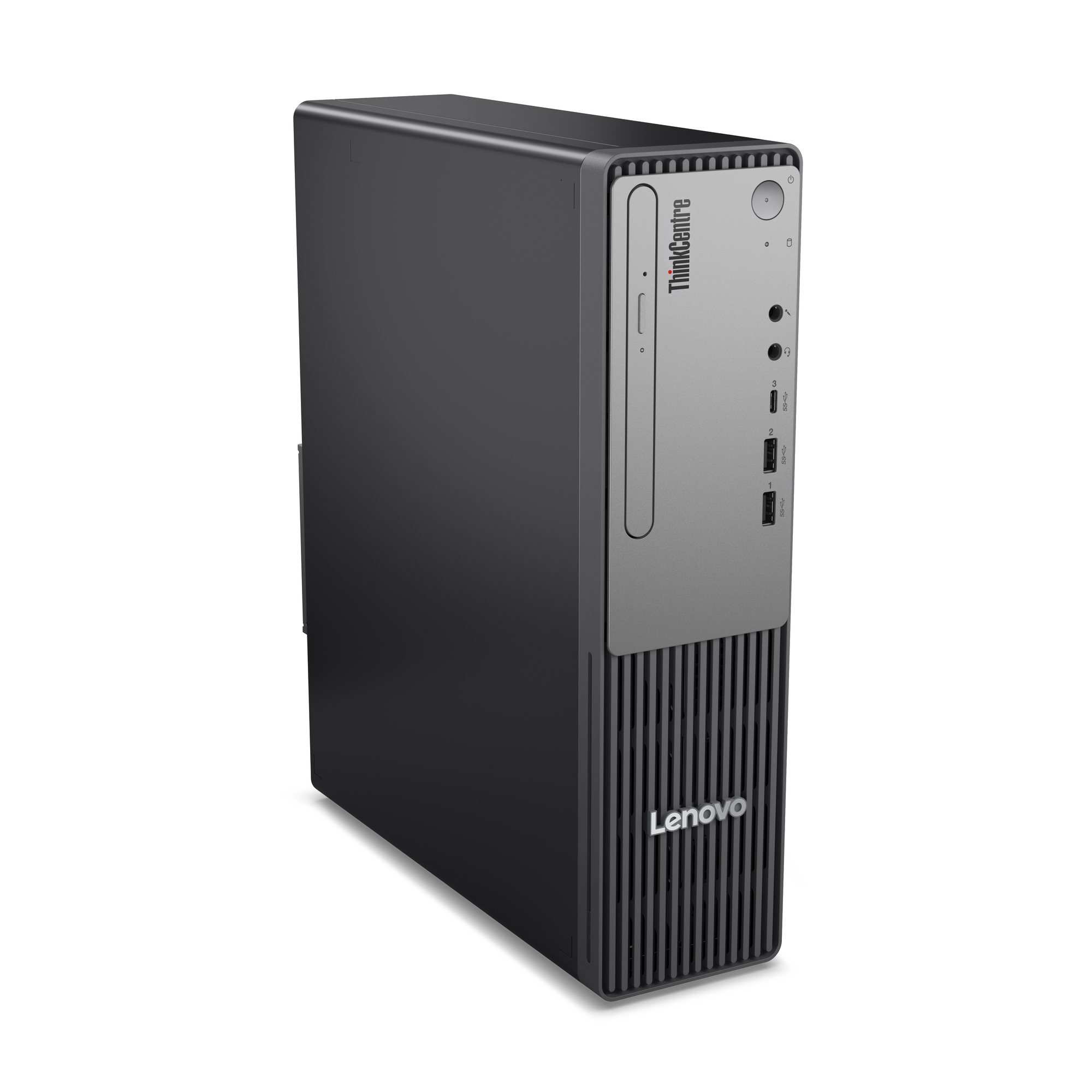 Komputer stacjonarny Lenovo ThinkCentre, czarny i szary, na białym tle, z logo Lenovo.