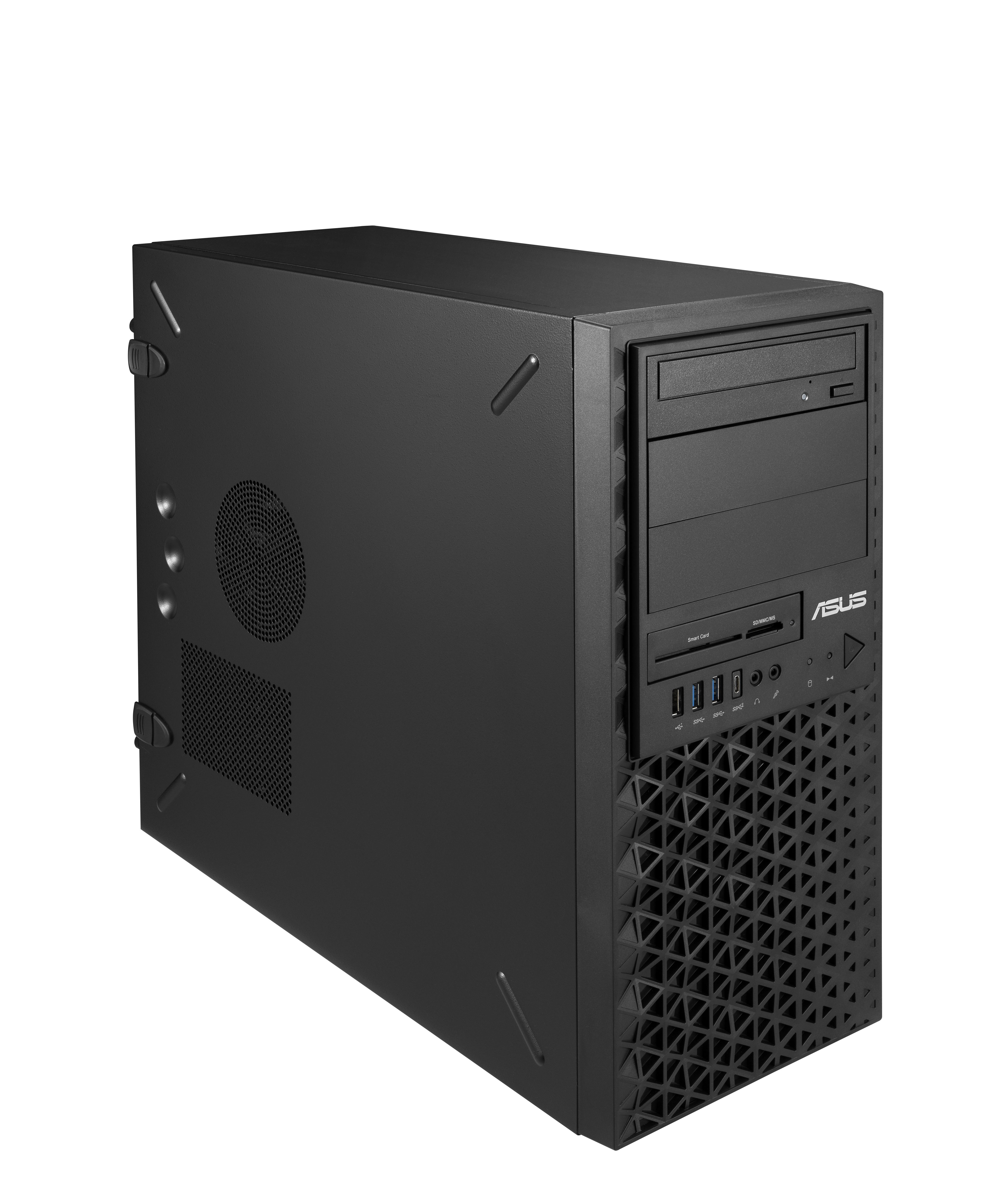 Case per computer desktop nero con molte porte e diverse funzionalità sulla parte anteriore.