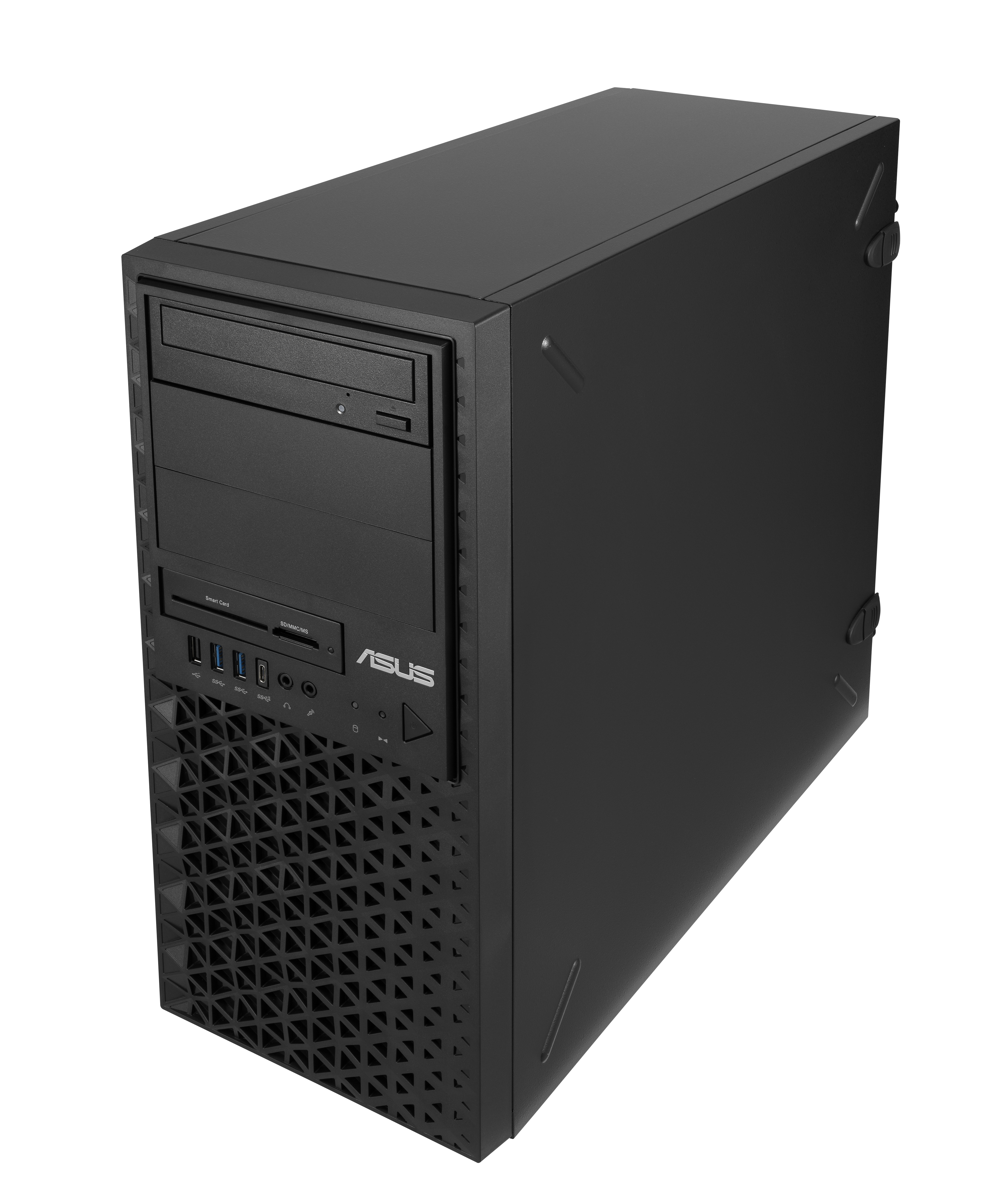 Una torre del computer nera è mostrata con una parte anteriore scura, vista laterale. La parte anteriore ha un motivo a griglia.
