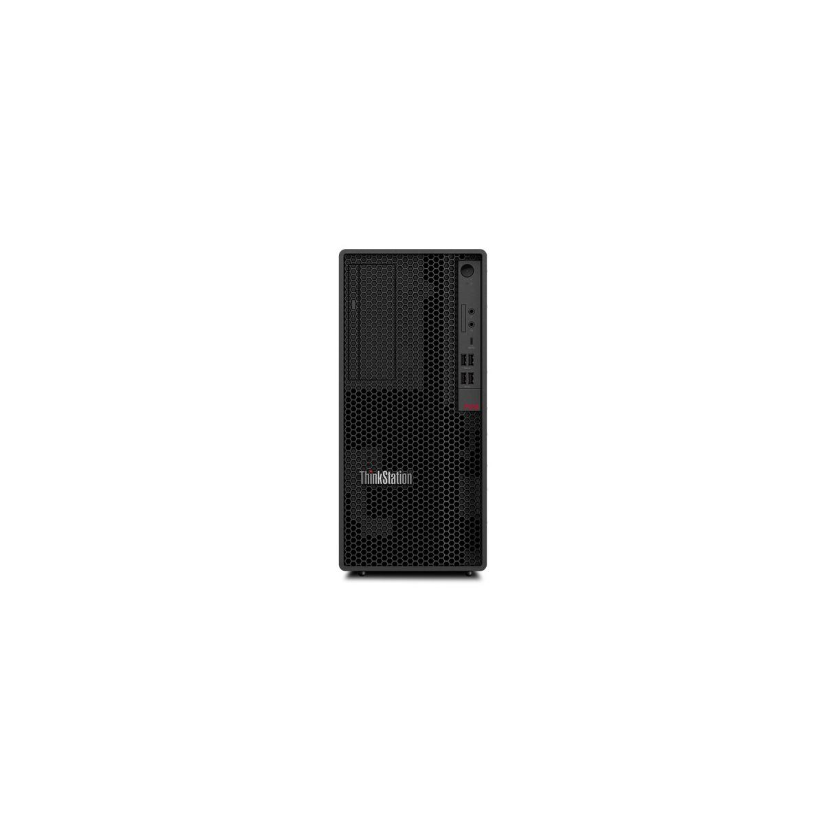 Computer desktop nero. Logo ThinkStation sul davanti. Design verticale.
