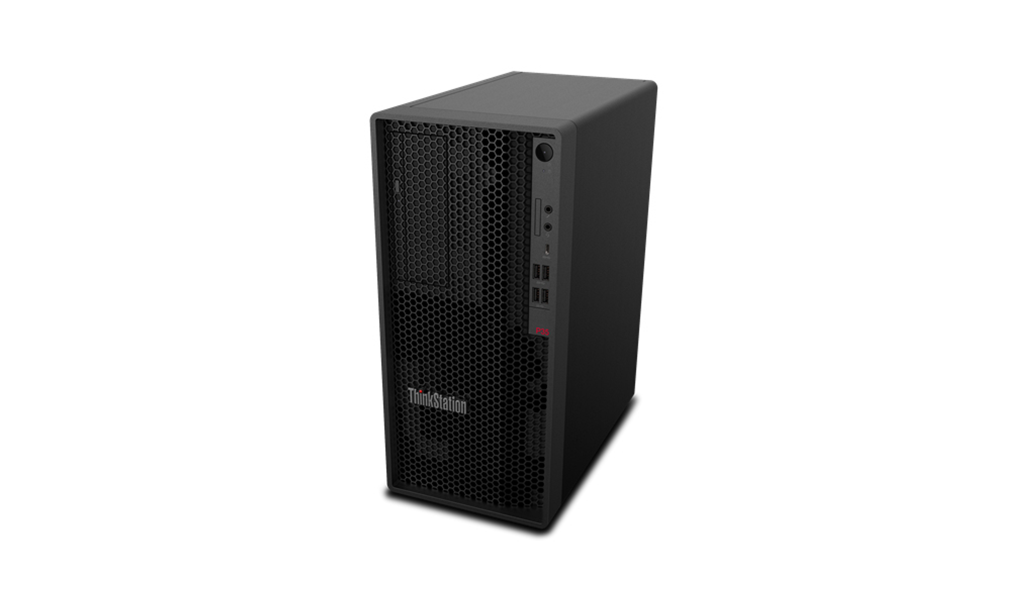 Un tower per computer desktop nero con il logo ThinkStation.