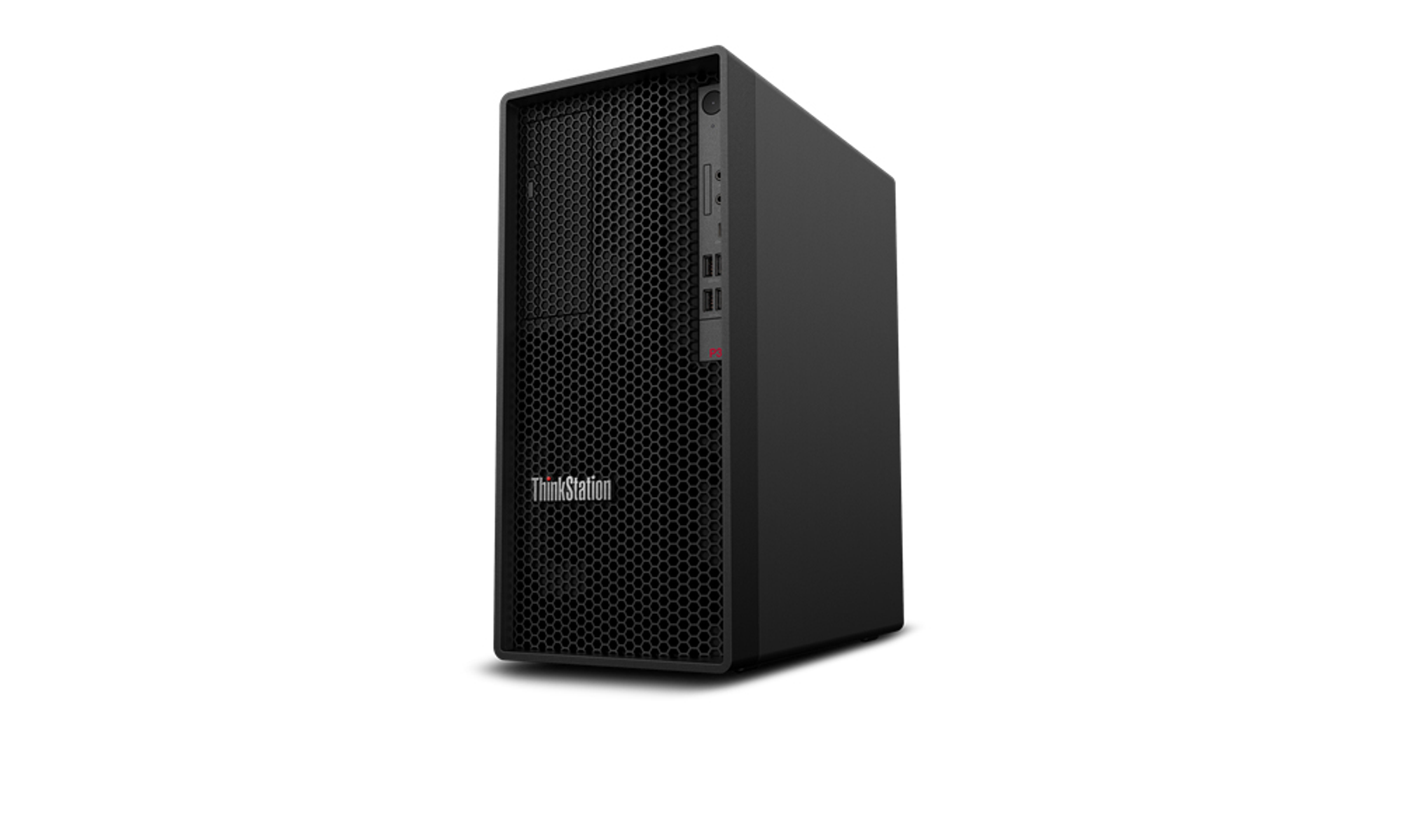 Computer desktop nero su bianco. Ha un logo ThinkStation sul davanti.