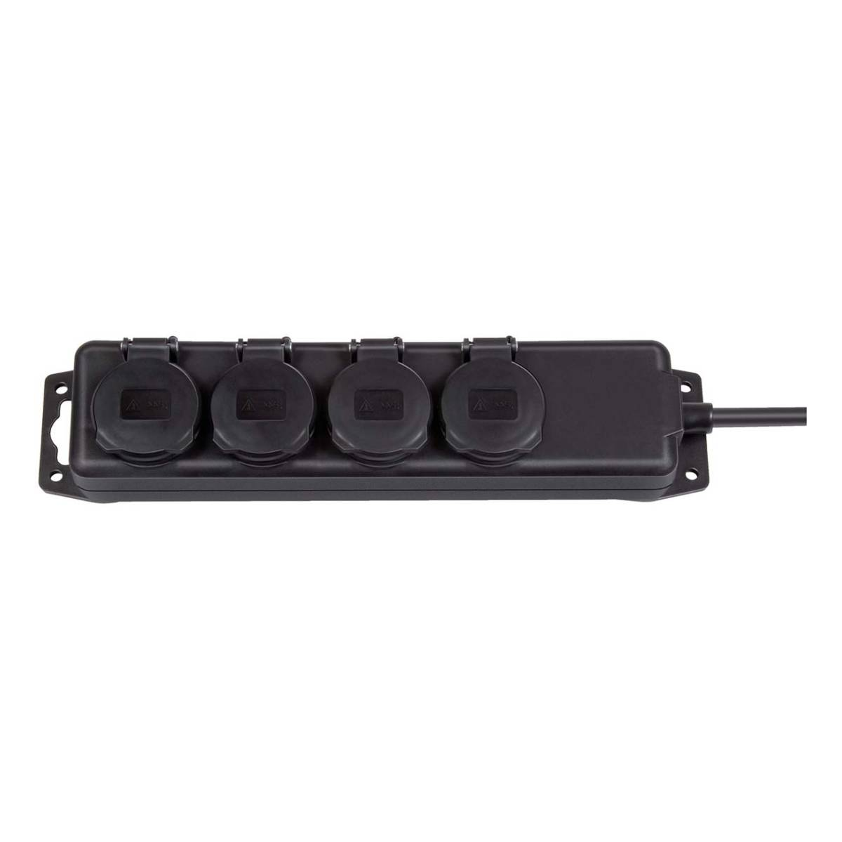 Schwarze Steckdosenleiste mit vier abgedeckten Steckdosen und einem schwarzen Kabel.