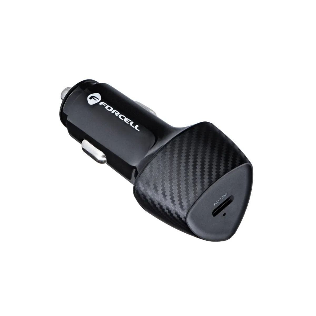 Ein schwarzes Autoladegerät mit Karbonfasermuster und einem USB-Anschluss.