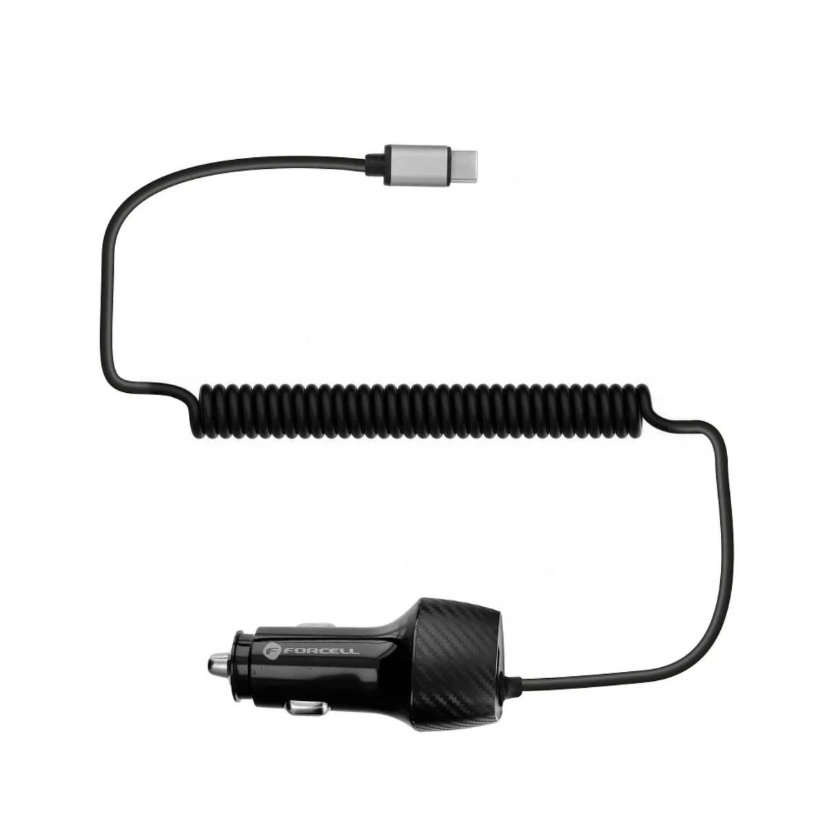 Caricabatterie per auto nero con cavo a spirale e connettore USB-C.