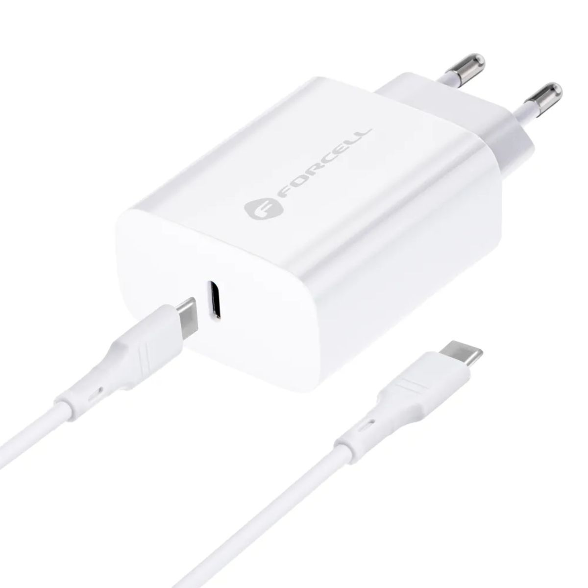 Weißes Ladegerät mit USB-C-Anschluss und Kabel. Das Kabel ist weiß und das Ladegerät ist markiert.